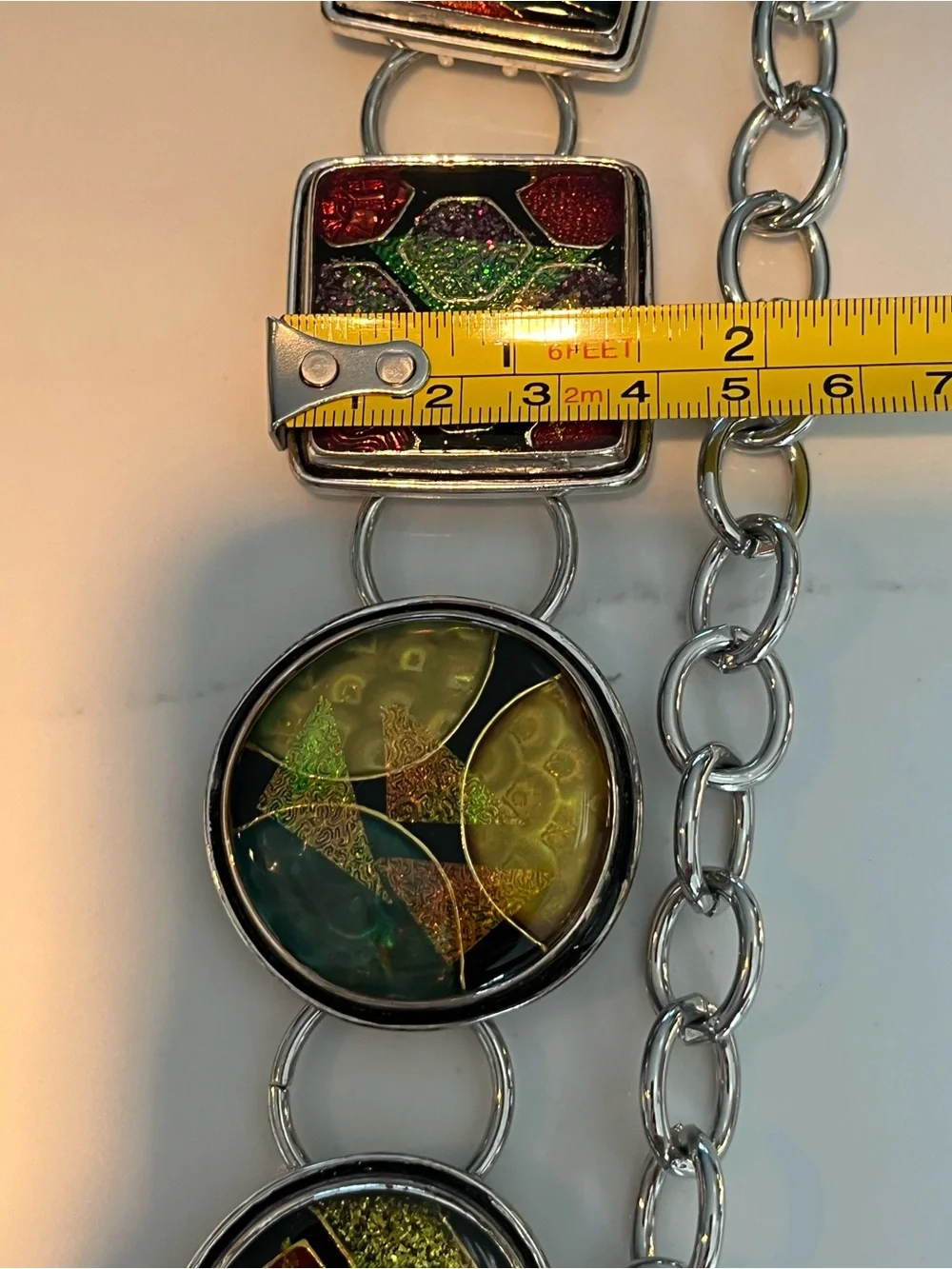 Vintage chicos dichroic art glass chain belt.  Silver tone chain.